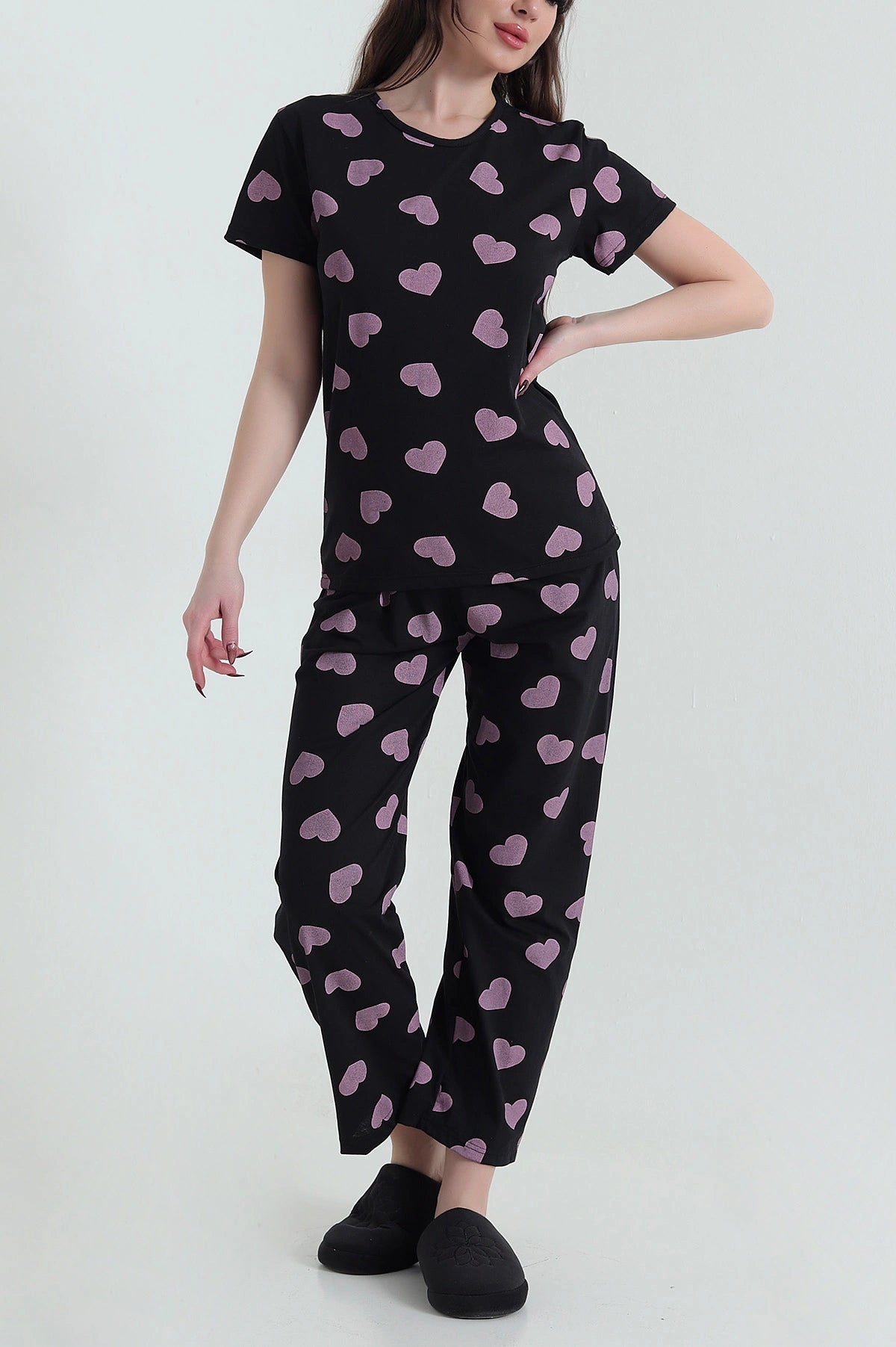 Black Short Sleeve Single Jersey Women's Pajama Set - Denoss