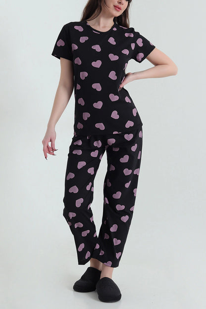 Black Short Sleeve Single Jersey Women's Pajama Set - Denoss