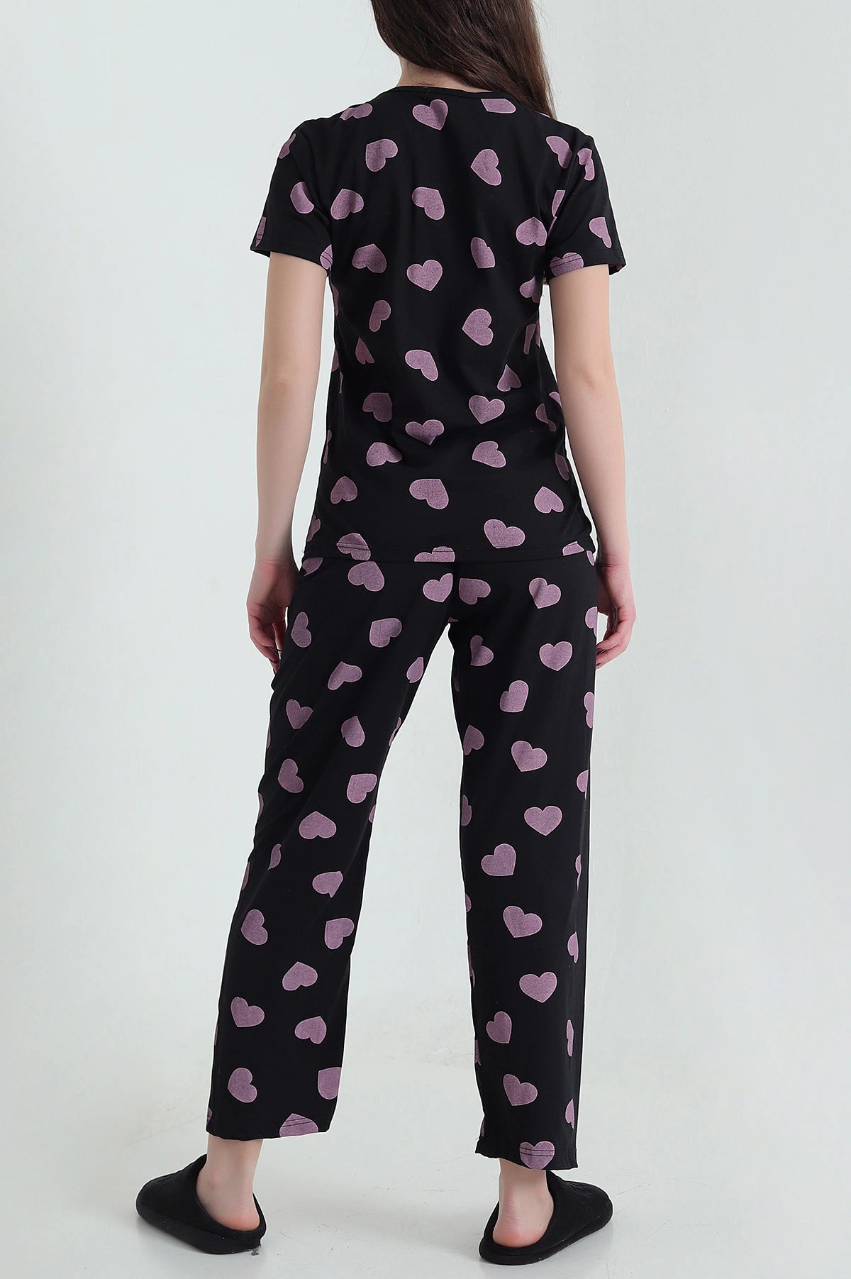 Black Short Sleeve Single Jersey Women's Pajama Set - Denoss