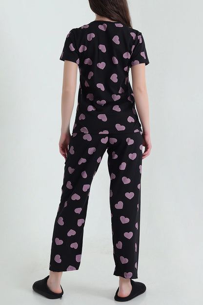 Black Short Sleeve Single Jersey Women's Pajama Set - Denoss