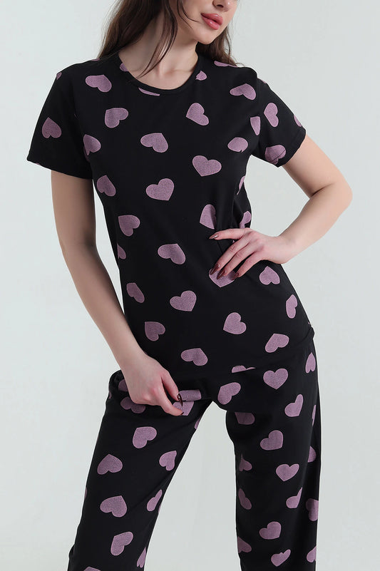 Black Short Sleeve Single Jersey Women's Pajama Set - Denoss