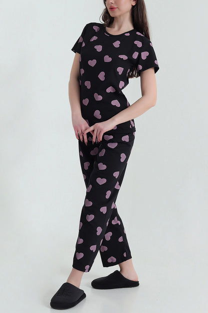 Black Short Sleeve Single Jersey Women's Pajama Set - Denoss