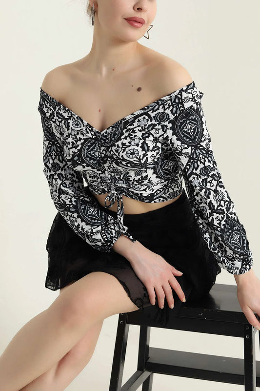 Black Crinkle Patterned Women's Blouse - Denoss