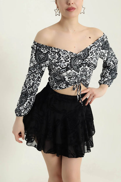 Black Crinkle Patterned Women's Blouse - Denoss