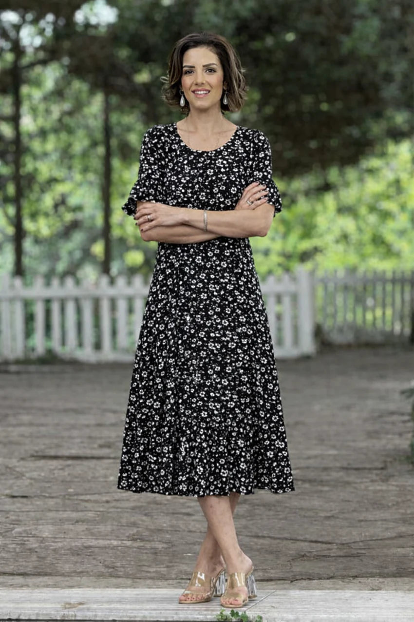 Black Daisy Patterned Summer Cotton Jersey Dress with Ruffled Skirt - Denoss
