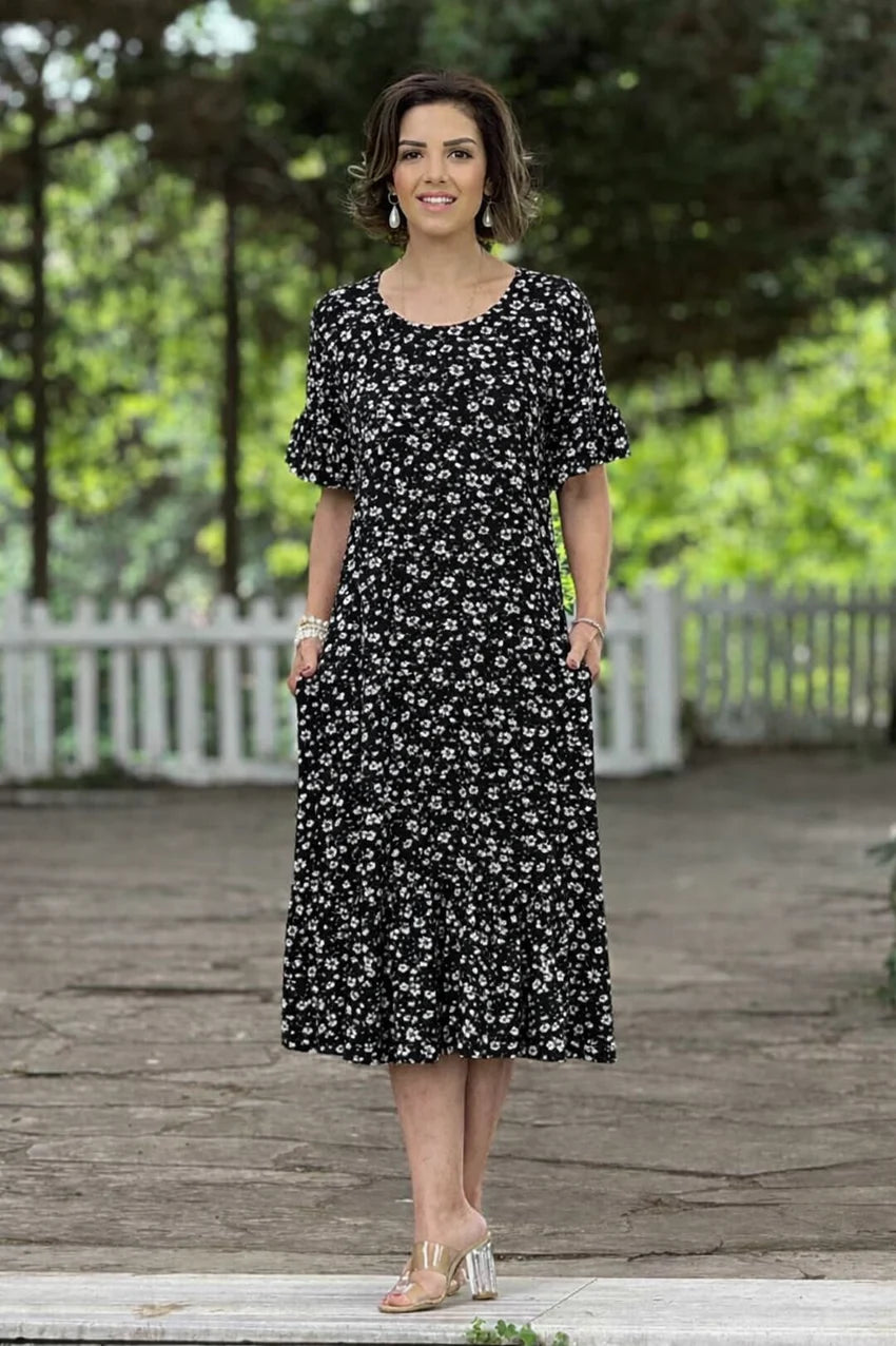 Black Daisy Patterned Summer Cotton Jersey Dress with Ruffled Skirt - Denoss