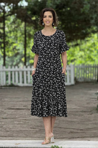 Black Daisy Patterned Summer Cotton Jersey Dress with Ruffled Skirt - Denoss