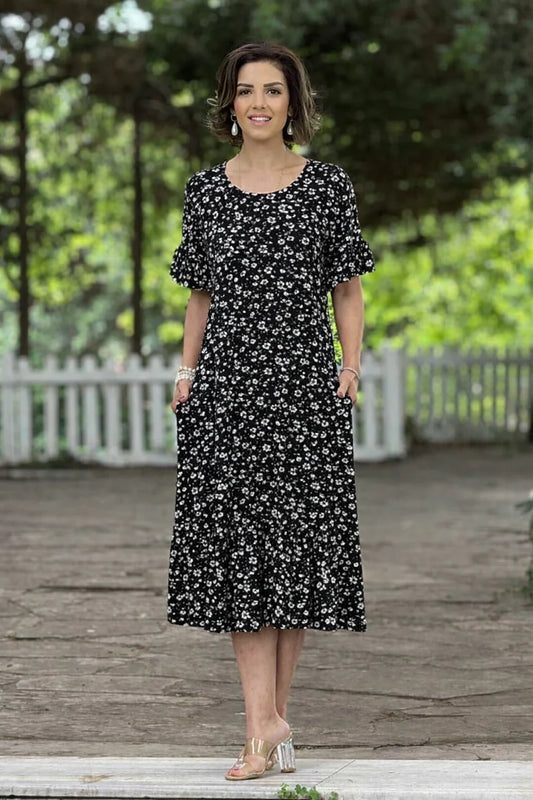 Black Daisy Patterned Summer Cotton Jersey Dress with Ruffled Skirt - Denoss