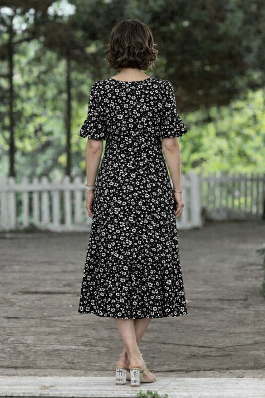 Black Daisy Patterned Summer Cotton Jersey Dress with Ruffled Skirt - Denoss