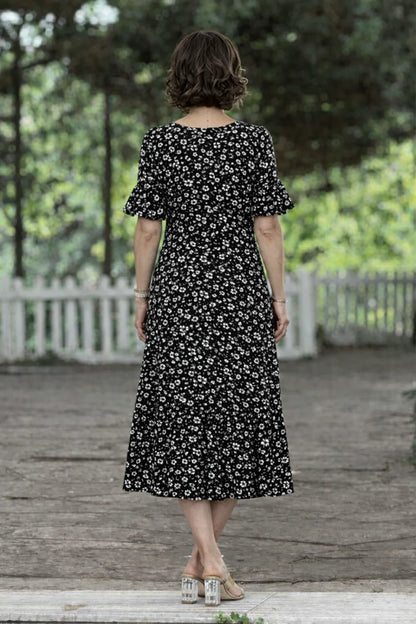 Black Daisy Patterned Summer Cotton Jersey Dress with Ruffled Skirt - Denoss