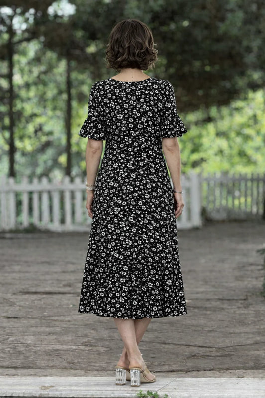 Black Daisy Patterned Summer Cotton Jersey Dress with Ruffled Skirt - Denoss