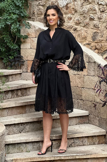 Black Princess Midi Length Lace 100% Cotton Plus Size Dress - Denoss