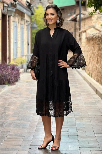 Black Princess Midi Length Lace 100% Cotton Plus Size Dress - Denoss