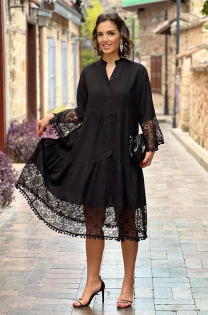 Black Princess Midi Length Lace 100% Cotton Plus Size Dress - Denoss