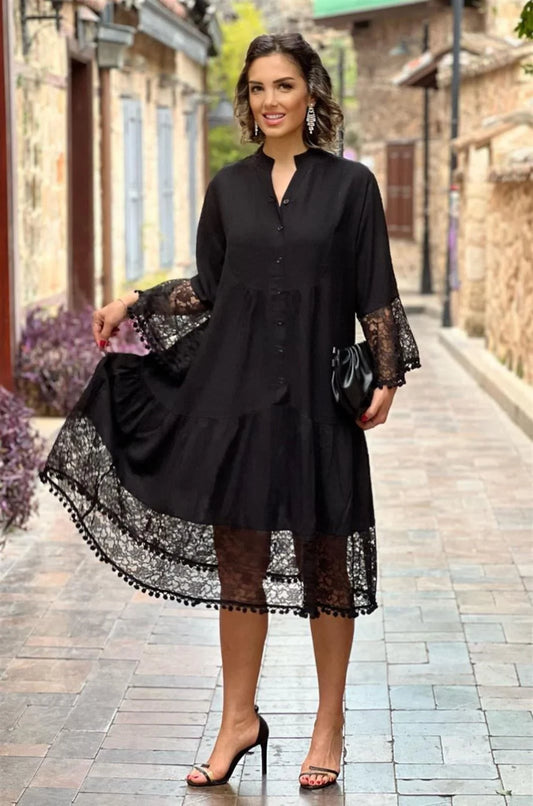 Black Princess Midi Length Lace 100% Cotton Plus Size Dress - Denoss