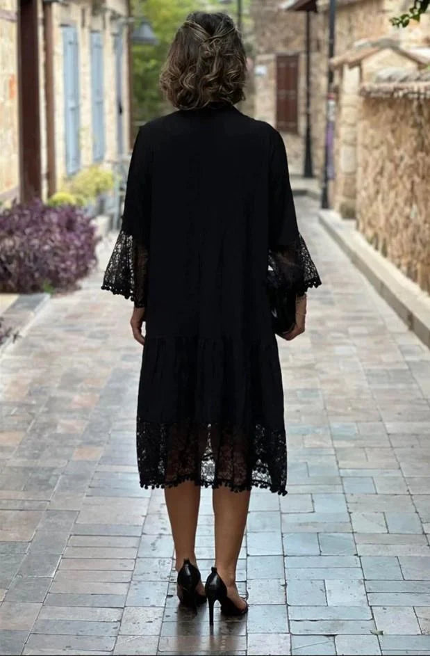 Black Princess Midi Length Lace 100% Cotton Plus Size Dress - Denoss