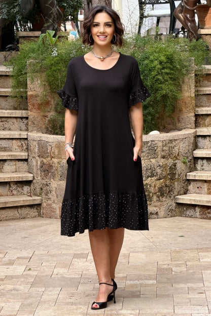 Black Plus Size Cotton Dress with Ruffled Skirt and Stone Embellishments - Denoss