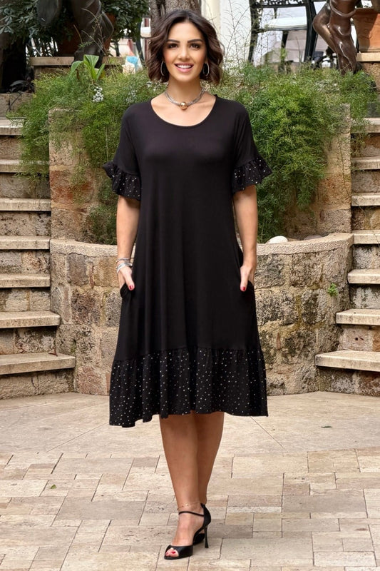 Black Plus Size Cotton Dress with Ruffled Skirt and Stone Embellishments - Denoss