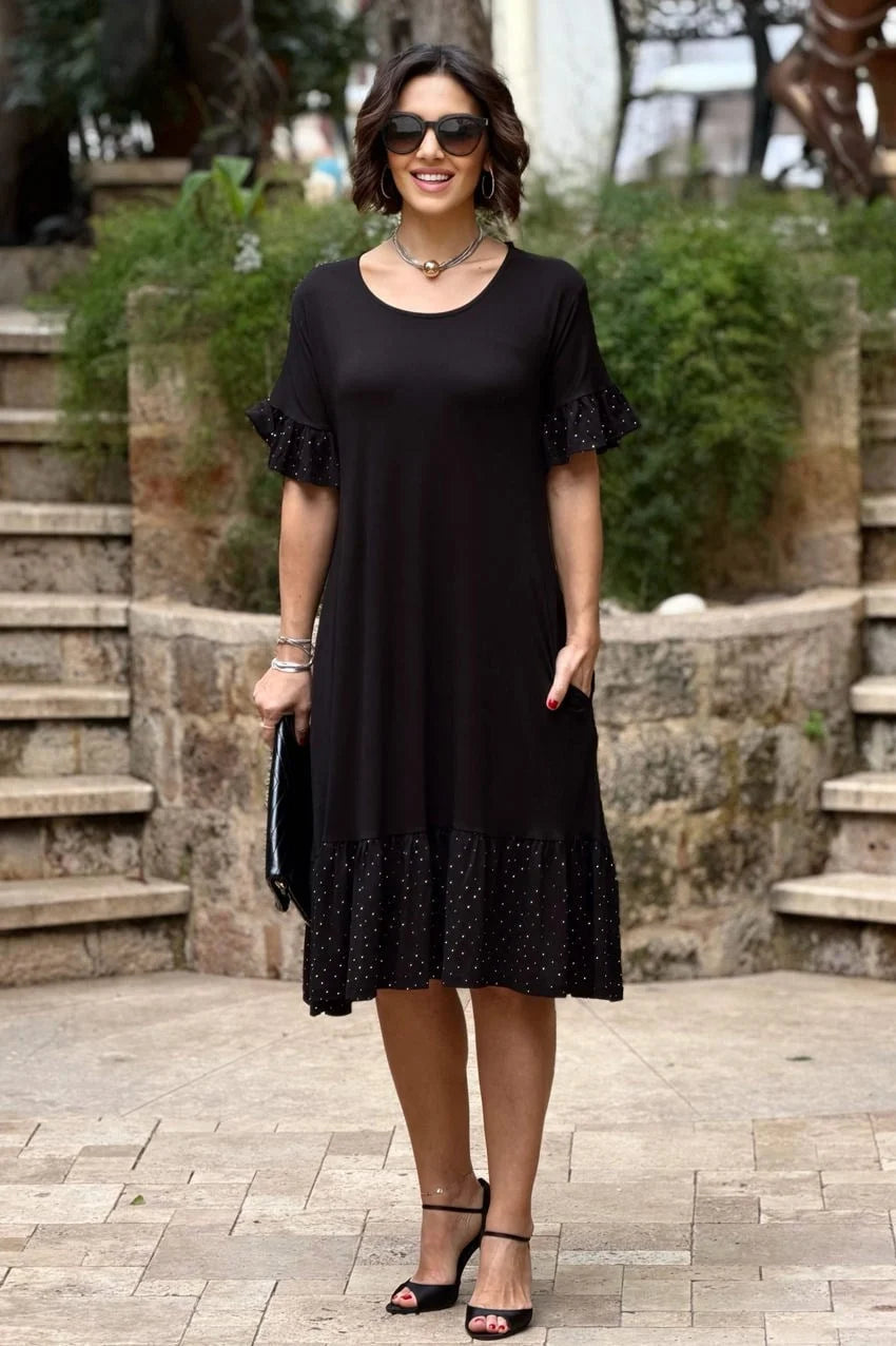 Black Plus Size Cotton Dress with Ruffled Skirt and Stone Embellishments - Denoss