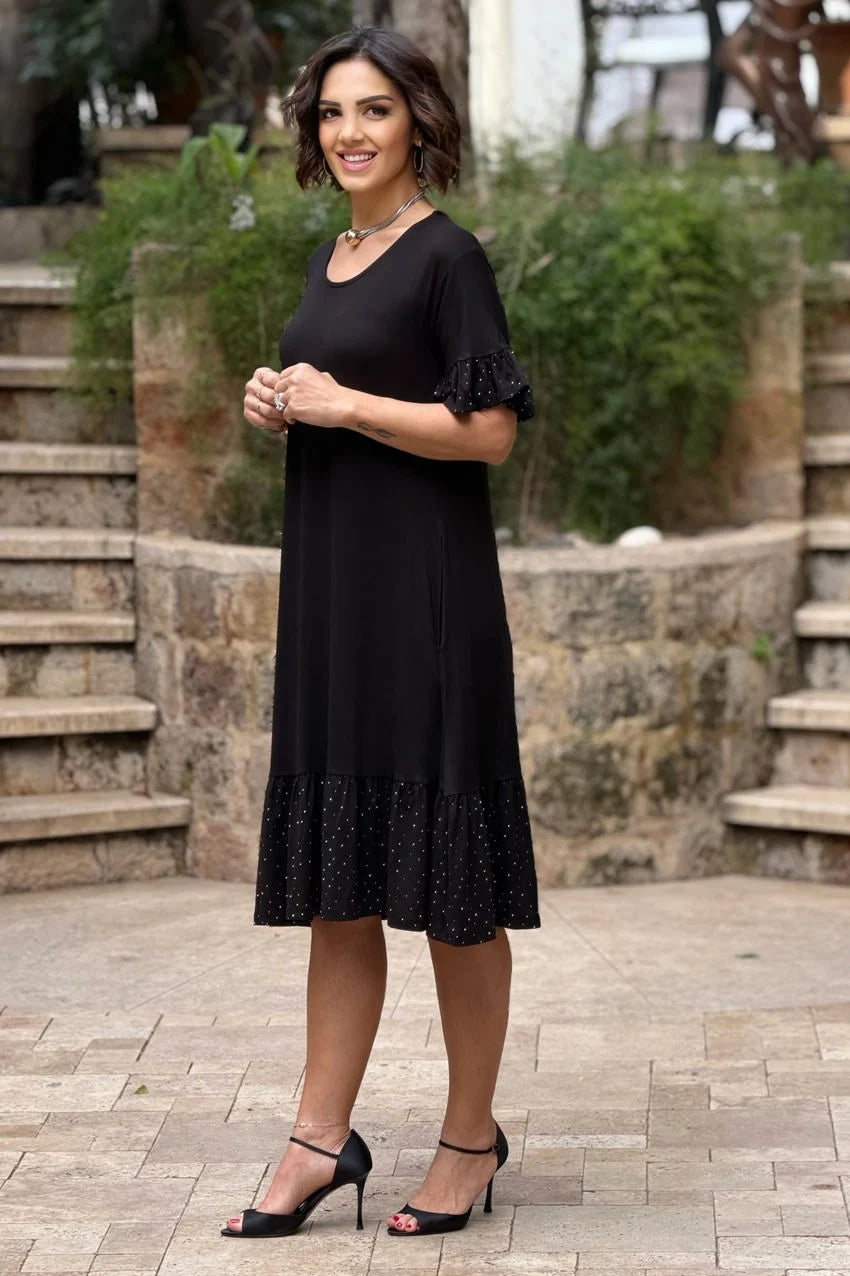 Black Plus Size Cotton Dress with Ruffled Skirt and Stone Embellishments - Denoss