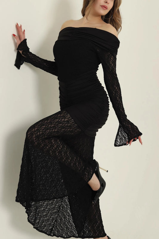 Black Slit Sleeve Lace Women's Dress