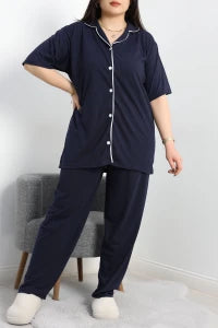 Navy Single Jersey Plus Size Buttoned Pajama Set - Denoss