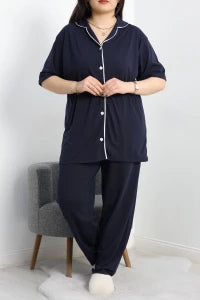 Navy Single Jersey Plus Size Buttoned Pajama Set - Denoss