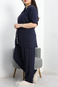 Navy Single Jersey Plus Size Buttoned Pajama Set - Denoss