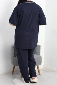 Navy Single Jersey Plus Size Buttoned Pajama Set - Denoss