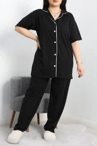 Black Single Jersey Plus Size Buttoned Pajama Set - Denoss