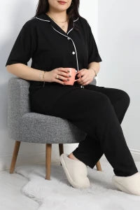 Black Single Jersey Plus Size Buttoned Pajama Set - Denoss
