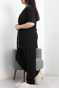 Black Single Jersey Plus Size Buttoned Pajama Set - Denoss