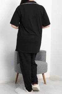 Black Single Jersey Plus Size Buttoned Pajama Set - Denoss