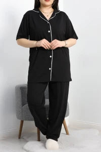 Black Single Jersey Plus Size Buttoned Pajama Set - Denoss