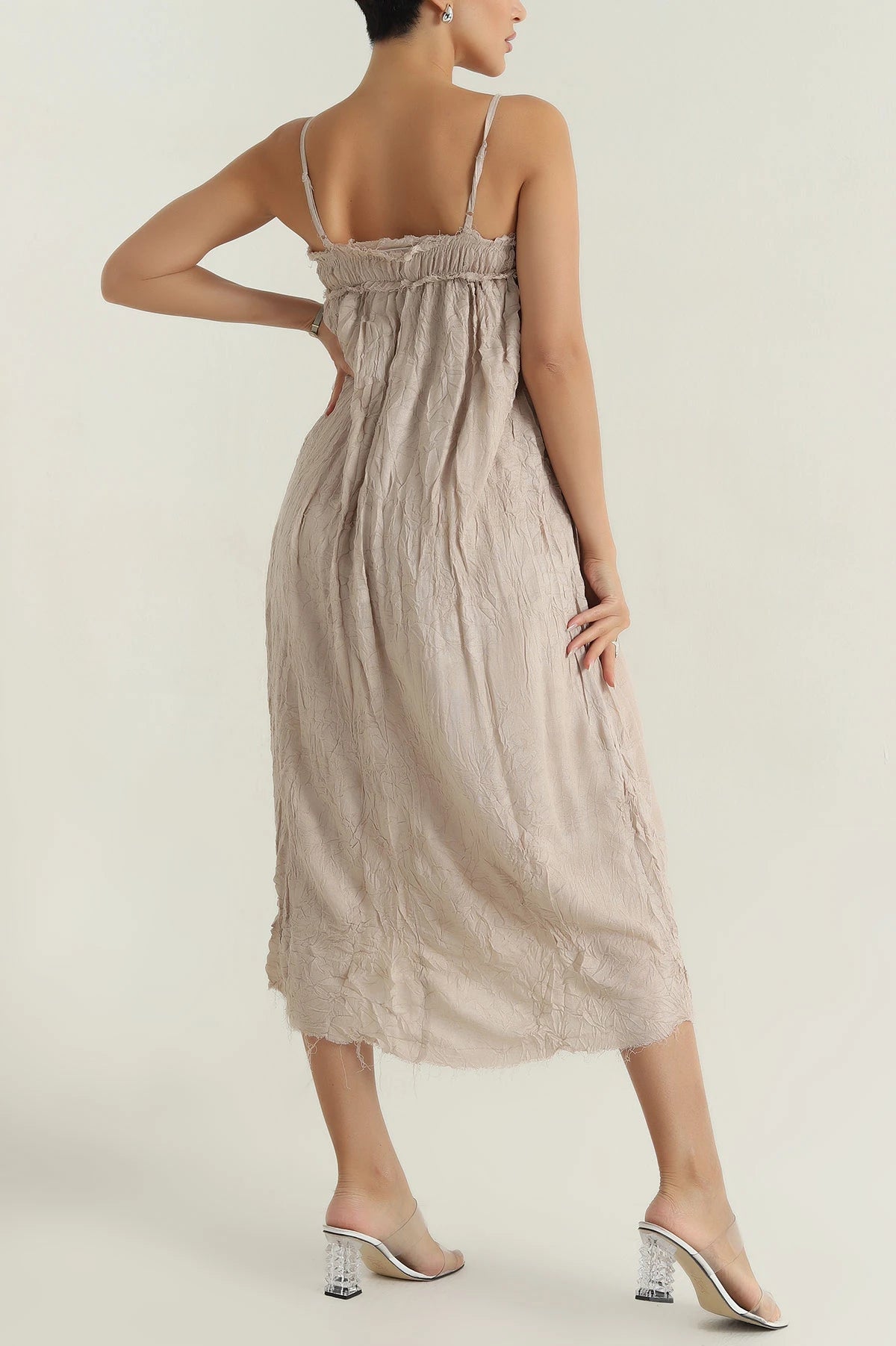 Strap Design Women's Stone Linen Dress