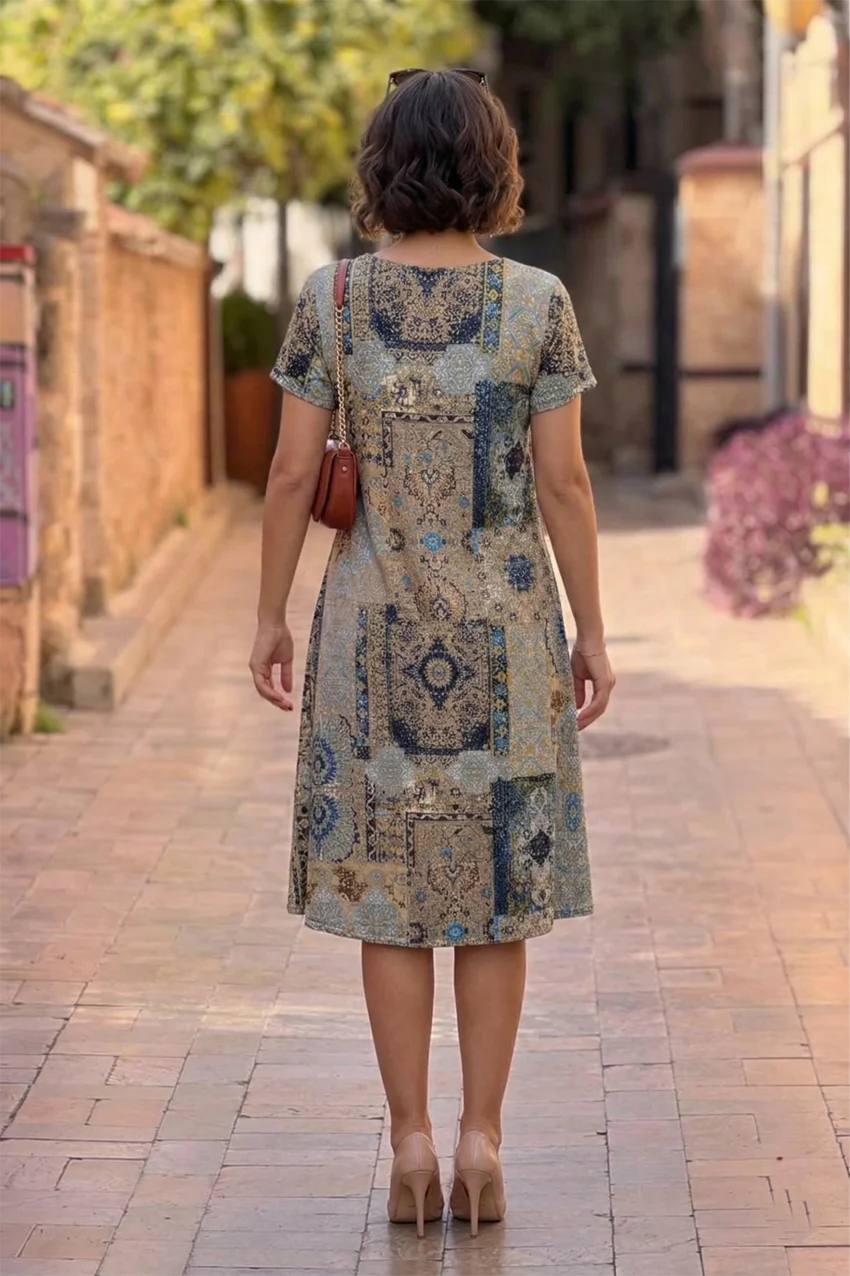 Stone Patch Round Neck Plus Size Dress - Denoss