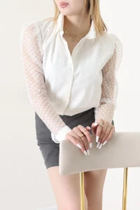 Poplin White Blouse with Black Tulle Sleeves - Denoss