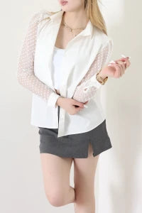 Poplin White Blouse with Black Tulle Sleeves - Denoss