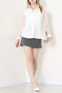 Poplin White Blouse with Black Tulle Sleeves - Denoss