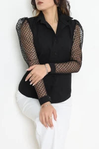 Poplin Black Blouse with Black Tulle Sleeves - Denoss