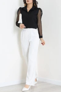 Poplin Black Blouse with Black Tulle Sleeves - Denoss