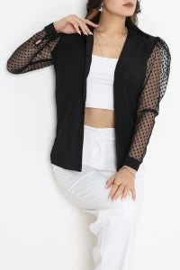Poplin Black Blouse with Black Tulle Sleeves - Denoss
