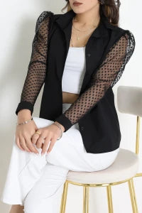 Poplin Black Blouse with Black Tulle Sleeves - Denoss