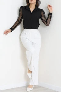 Poplin Black Blouse with Black Tulle Sleeves - Denoss