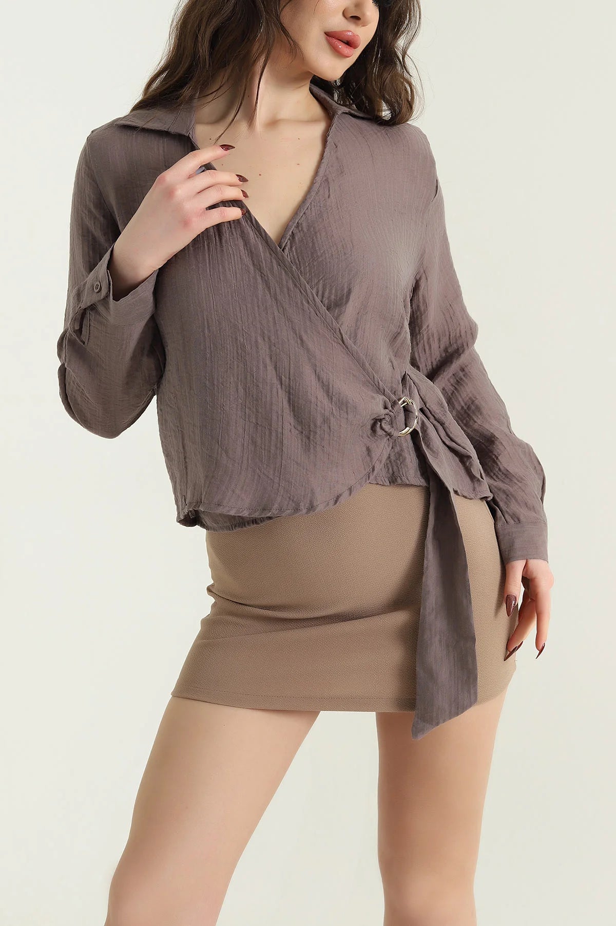 Mink Linen Women's Blouse with Side Tie - Denoss