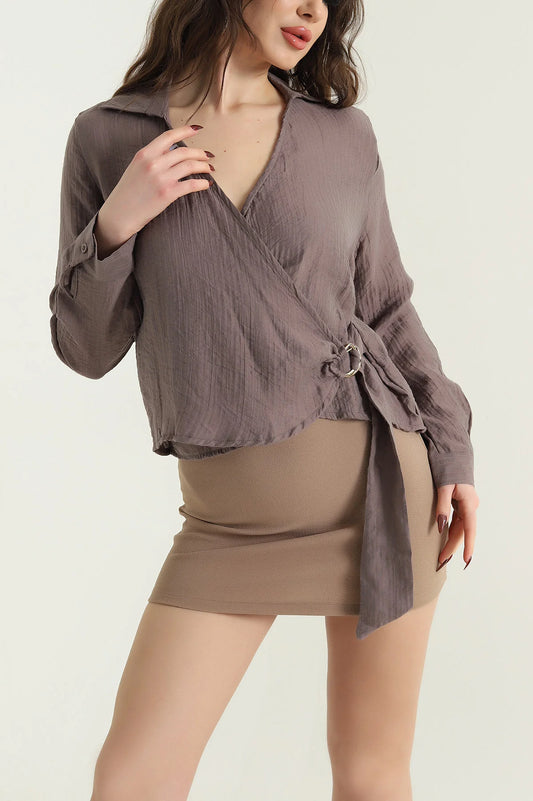 Mink Linen Women's Blouse with Side Tie - Denoss