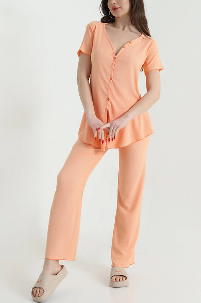 Baby Pink Twill Fabric Buttoned Women's Pajama Set - Denoss