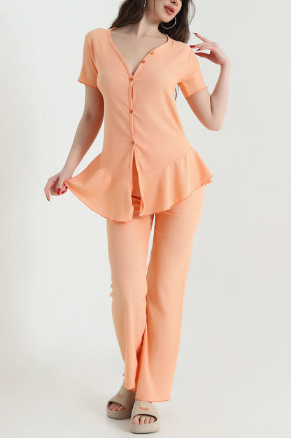 Baby Pink Twill Fabric Buttoned Women's Pajama Set - Denoss