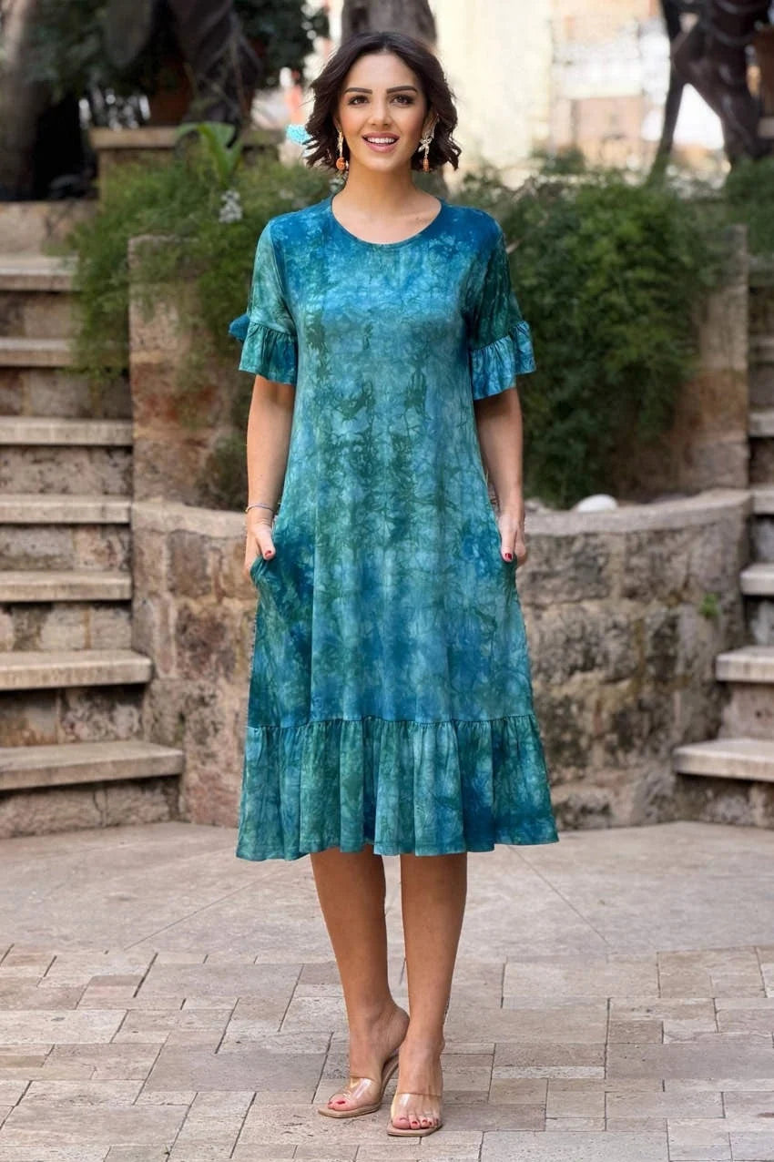 Green Plus Size Cotton Batik Dress with Ruffled Skirt - Denoss