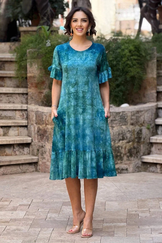 Green Plus Size Cotton Batik Dress with Ruffled Skirt - Denoss